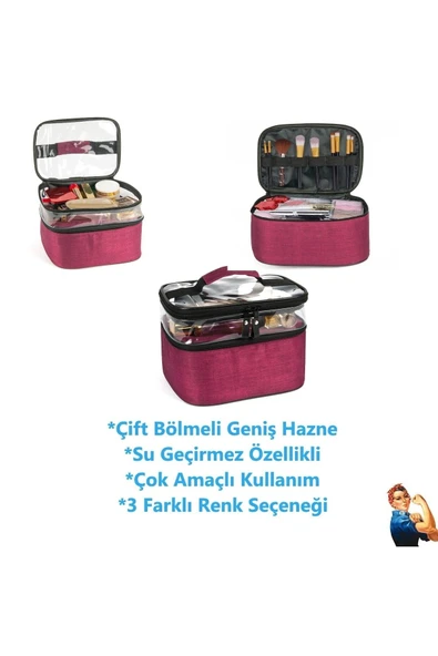 baffhome Makyaj Çantası Çift Bölmeli Şeffaf Çok Amaçlı Su Geçirmez Derin Hazneli Geniş Hacimli Profesyonel ürün görseli 1