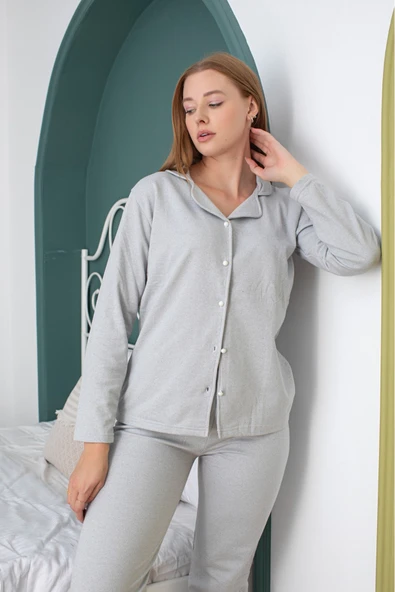 ERCAN kadın gri gömlek yaka düğmeli pijama takım ürün görseli 1