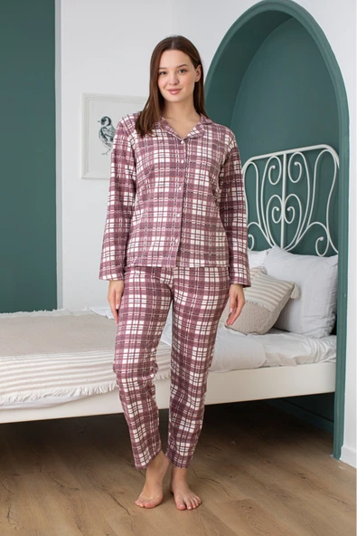 ERCAN kadın boydan düğmeli Kırmızı Beyaz Kareli pijama takım ürün görseli 1