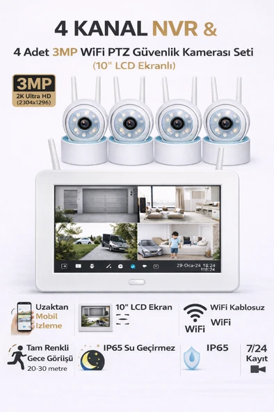 Apronx DSM600 4 Kanal Nvr + 3Mp 4 Kamera Full Color Mik. + 10" Lcd Wifi Set ürün görseli 1