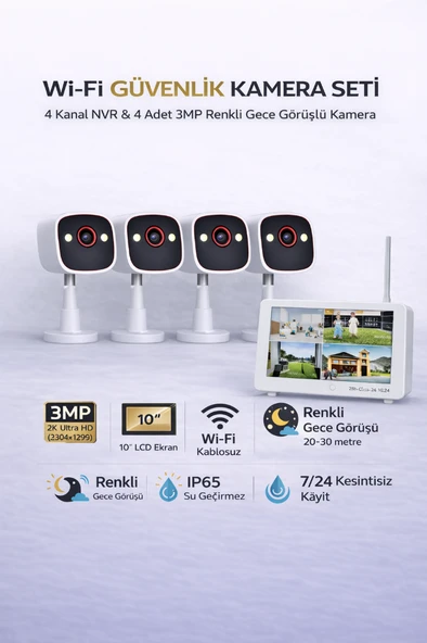 Apronx BSM400 4 Kanal Nvr + 3Mp 4 Kamera Full Color Mik. + 10" Lcd Wifi Set ürün görseli 1