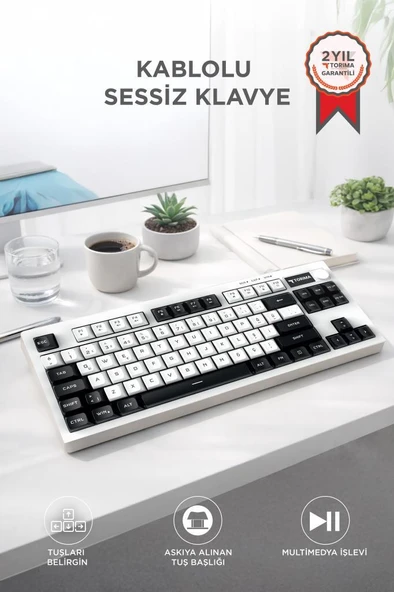 Kablolu Klavye Rgb Işıklı Sessiz Q Klavye TK12 Siyah Beyaz ürün görseli 1