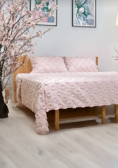 Ponpon Çift Kişilik Püsküllü Yatak Örtüsü Pudra 250x260 2 Yastık ürün görseli 1