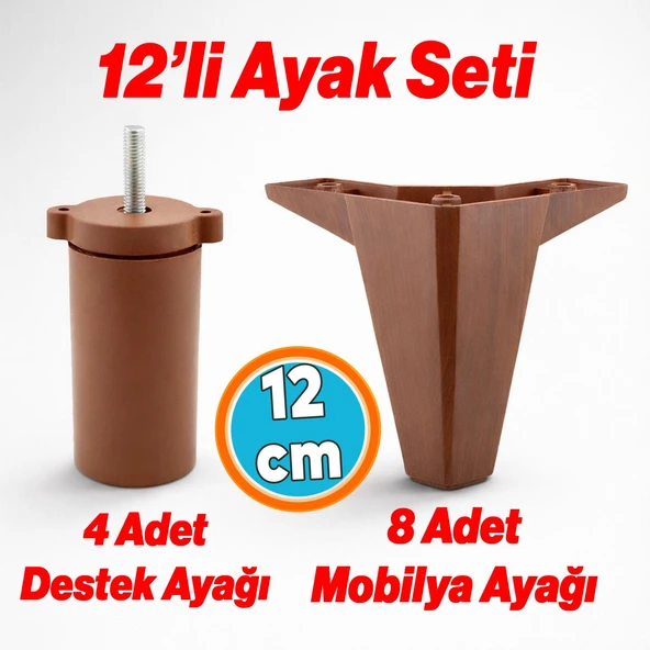 12'li Set Mobilya TV Ünitesi Çekyat Koltuk Kanepe Destek Ayağı 12 cm Kahverengi Baza Ayak ürün görseli 1