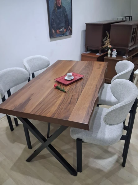 Masa Kütük 90601 V Ayak Sabit Ahşap Boyalı 4 Adet Sandalye Metal Ayak ürün görseli 1