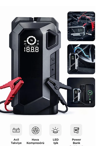 AIRGON PRO 12000mAh 4’ü 1 Minübüs Araba Akü Takviye Cihazı Hava Kompresörü Taşıma Çantalı ürün görseli 1
