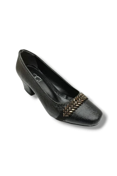 C-Shoes 7305-26 Ekose Baskı Bant Taşlı Kısa Kalın Topuk Kadın Ayakkabı ürün görseli 1