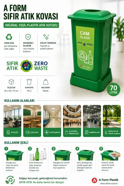 A FORM Sıfır Atık Kovası Orijinal Yeşil Plastik Atık Kutusu 45x40x75 cm 70 Lt ürün görseli 1