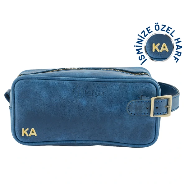 İsme Özel Dopp Kit Kişisel Bakım ve Seyahat Çantası - %100 Rainbow Deri - AC14004 - Saks Mavisi ürün görseli 1