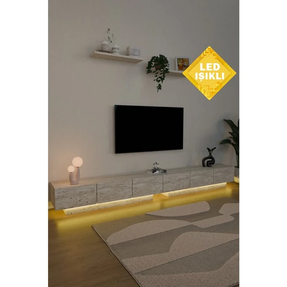 Estoria Home LED Işıklı Terra Tv Ünitesi 260CM Modern Kullanışlı 6 Kapaklı Raflı Uçan Tv Sehpası Traverten Desen ürün görseli 1