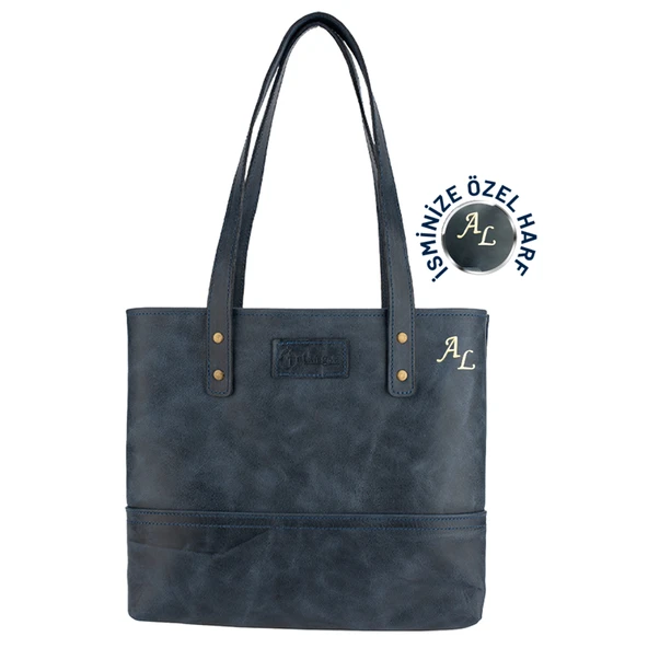 İsme Özel Tote Bag El Omuz Çantası - %100 Rainbow Deri - AC03003 - Lacivert ürün görseli 1