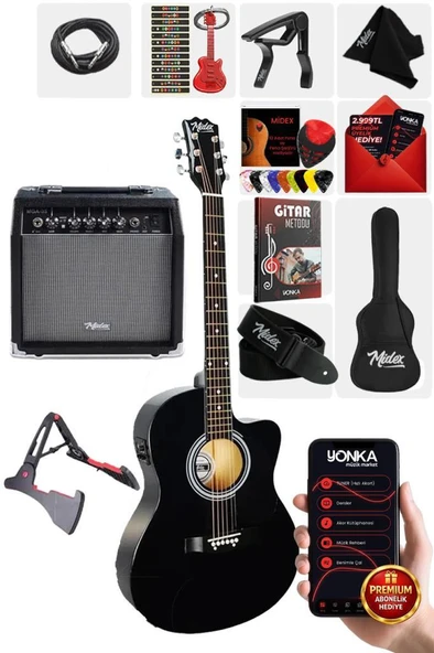 Midex RG-560BK-AMP Siyah Amfili Elektro Akustik Gitar Full Set ürün görseli 1