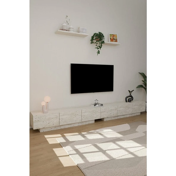 Estoria Home Terra Tv Ünitesi 260CM Modern Kullanışlı 6 Kapaklı Raflı Uçan Tv Sehpası Traverten Desen ürün görseli 1