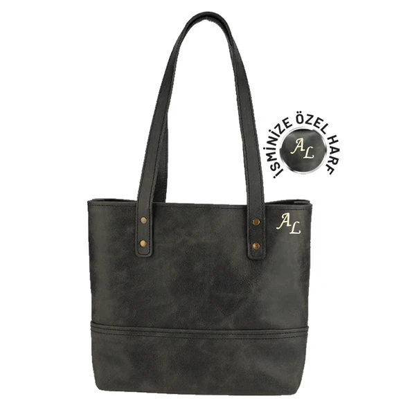 İsme Özel Tote Bag El Omuz Çantası - %100 Rainbow Deri - AC03003 - Antrasit ürün görseli 1