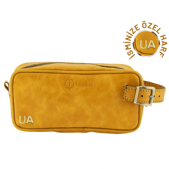 İsme Özel Dopp Kit Kişisel Bakım ve Seyahat Çantası - %100 Rainbow Deri - AC14004 - Hardal Sarısı ürün görseli 1