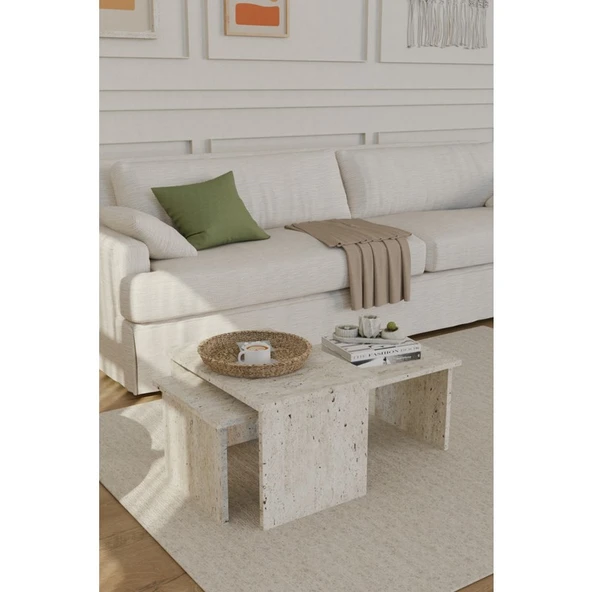 Estoria Home Terra Traverten Mermer Desen 2'li Orta Sehpa Modern Yeni Nesil Kullanışlı Zigon Olabilen Orta Sehpa ürün görseli 1