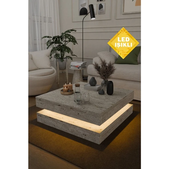 Estoria Home Terra LED Işıklı Traverten Desen Kare Orta Sehpa Modern Tasarım 2 Katlı Orta Sehpa Dekoratif  Sehpa ürün görseli 1