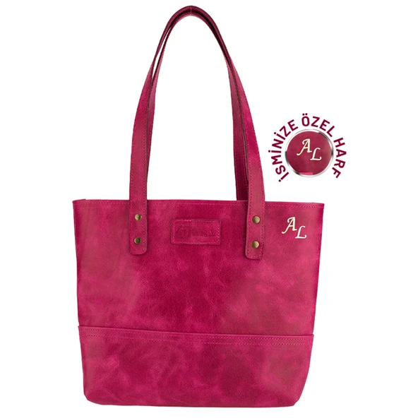 İsme Özel Tote Bag El Omuz Çantası - %100 Rainbow Deri - AC03003 - Fuşya ürün görseli 1