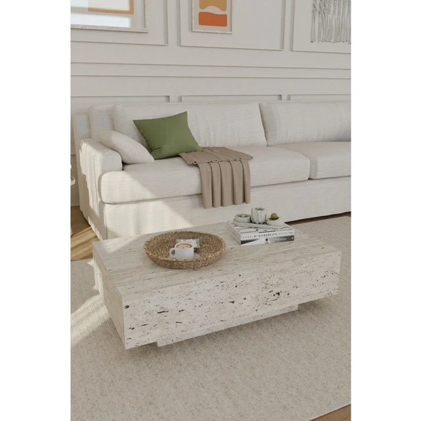 Estoria Home Terra Traverten Desen Dikdörtgen Orta Sehpa Uçan Yeni Nesil Salon Modern Küp Sehpa 90X60 ürün görseli 1