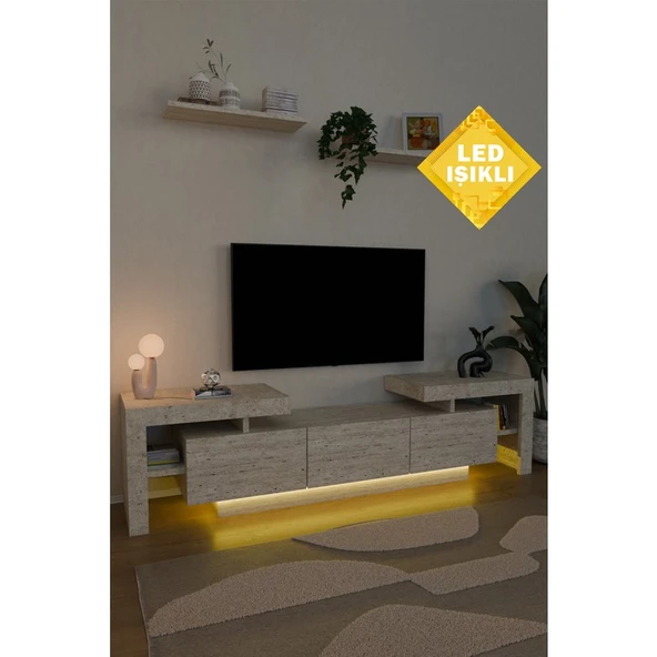 Estoria Home LED Işıklı Terra Tv Ünitesi 190CM Modern Kullanışlı 3 Kapaklı Raflı Uçan Tv Sehpası Traverten Desen ürün görseli 1