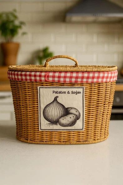 Rattan Patates Soğan Sepeti – Pötikare Kumaşlı, Bölmeli, Dekoratif ve Düzenleyici Kapaklı Sebzelik ürün görseli 1