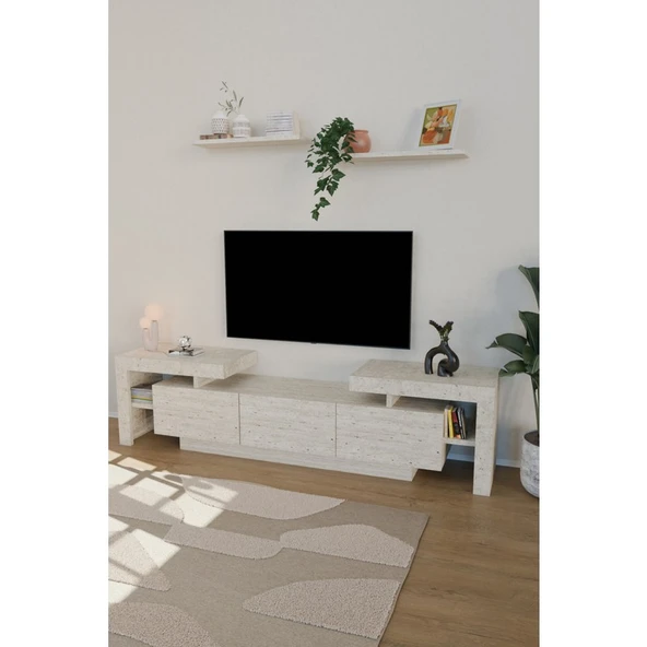 Estoria Home Terra Tv Ünitesi 190CM Modern Kullanışlı 3 Kapaklı Raflı Uçan Tv Sehpası Traverten Desen ürün görseli 1