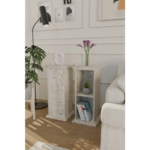 Estoria Home Terra Traverten Desen Artemis Sütun Yan Sehpa Kitaplık Modern Yan Sehpa Çok Amaçlı Raflı Sehpa ürün görseli 1