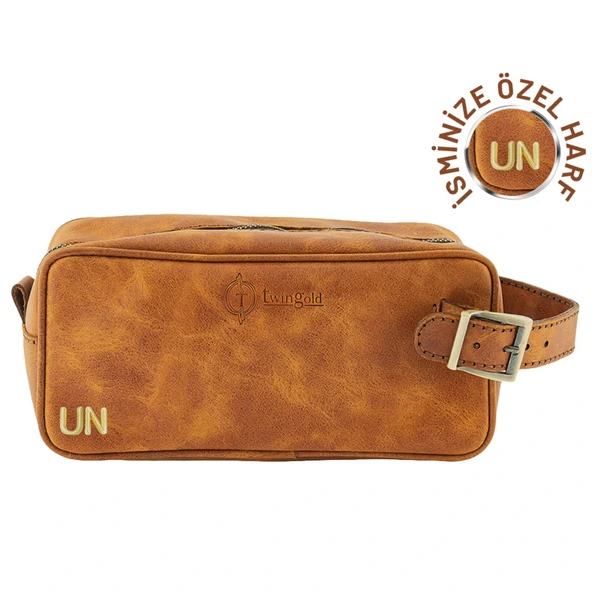 İsme Özel Dopp Kit Kişisel Bakım ve Seyahat Çantası - %100 Rainbow Deri - AC14004 - Camel ürün görseli 1