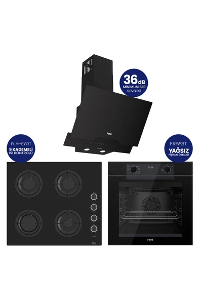 Fryart Siyah Cam Ankastre Set | 9 Kademe Ocak | 7 Fonksiyon Fırın | 36 dB Sessiz ürün görseli 1