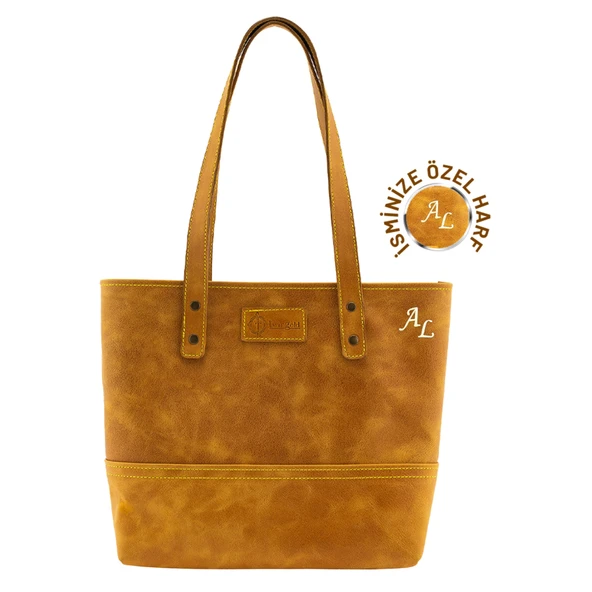 İsme Özel Tote Bag El Omuz Çantası - %100 Rainbow Deri - AC03003 - Hardal Sarısı ürün görseli 1