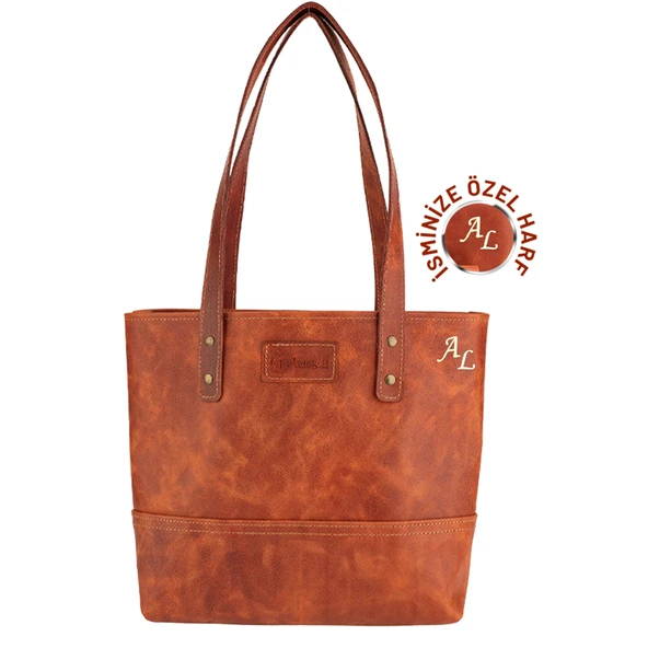 İsme Özel Tote Bag El Omuz Çantası - %100 Rainbow Deri - AC03003 - Tobacco ürün görseli 1
