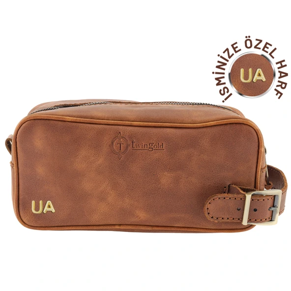 İsme Özel Dopp Kit Kişisel Bakım ve Seyahat Çantası - %100 Rainbow Deri - AC14004 - Kahverengi ürün görseli 1