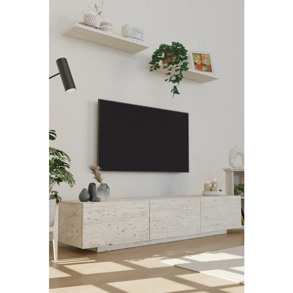 Estoria Home Terra Traverten Mermer Desen Tv Ünitesi Modern Uçan Tv Sehpası 3 Kapaklı Bohem Minimal Tasarım ürün görseli 1