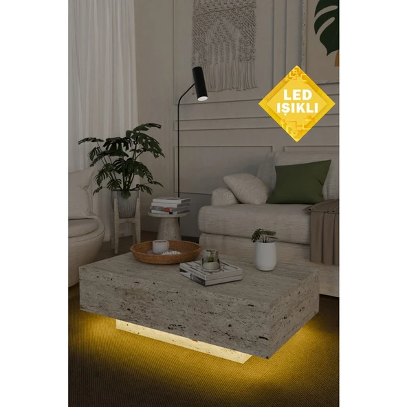 Estoria Home Terra LED Işıklı Traverten Desen Dikdörtgen Orta Sehpa Uçan Yeni Nesil Modern Küp Sehpa 90X60 ürün görseli 1