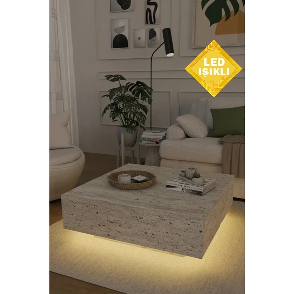 LED Işıklı Kullanışlı Uçan Kare Salon Orta Sehpa Yeni Nesil Modern Küp Sehpa Traverten Mermer Desen ürün görseli 1
