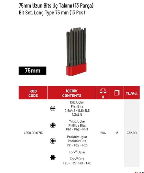 -4850001013-13'lü Uzun Bits Takım ( 100 Mm ) ürün görseli 1