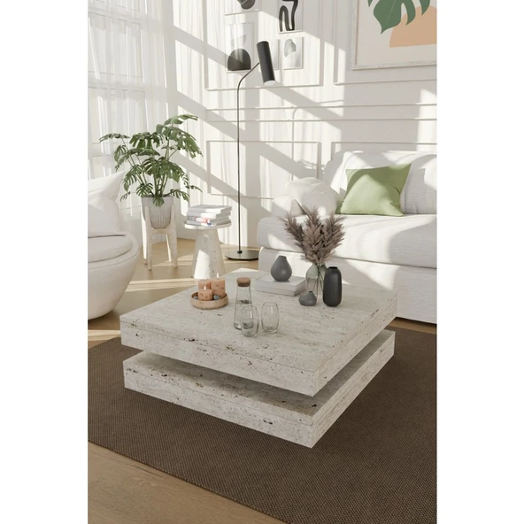 Estoria Home Terra Traverten Desen Kare Orta Sehpa Modern Tasarım 2 Katlı Orta Sehpa Dekoratif  Sehpa ürün görseli 1
