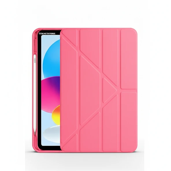 TEKNETSTORE İpad 11 A16 2025 10. Nesil 10.9 Kılıf Katlanır Kalem Bölmeli Silikon Standlı Uyku Modlu Akıllı Kapak  Karpuz Kırmızı ürün görseli 1