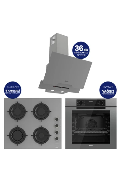 Fryart Gri Cam Ankastre Set | 9 Kademe Ocak | 7 Fonksiyon Fırın | 36 dB Sessiz ürün görseli 1