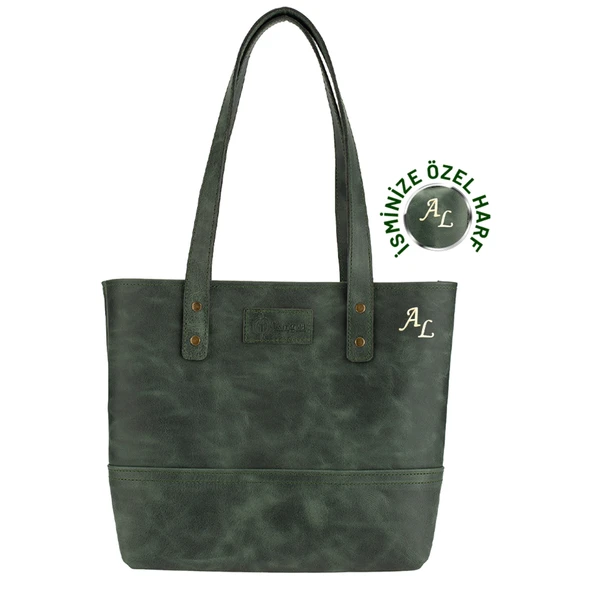 İsme Özel Tote Bag El Omuz Çantası - %100 Rainbow Deri - AC03003 - Haki ürün görseli 1