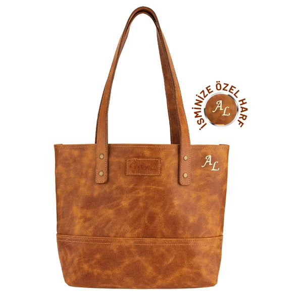 İsme Özel Tote Bag El Omuz Çantası - %100 Rainbow Deri - AC03003 - Camel ürün görseli 1
