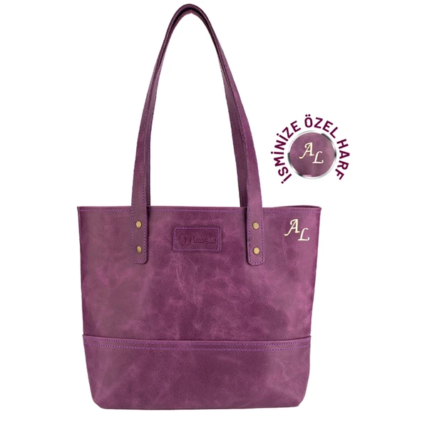 İsme Özel Tote Bag El Omuz Çantası - %100 Rainbow Deri - AC03003 - Mor ürün görseli 1