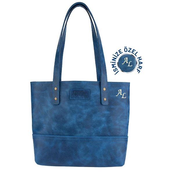 İsme Özel Tote Bag El Omuz Çantası - %100 Rainbow Deri - AC03003 - Saks Mavisi ürün görseli 1