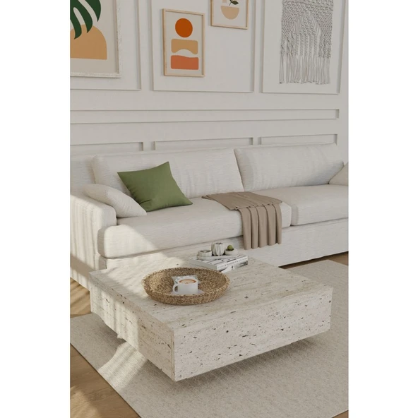 Estoria Home Traverten Mermer Desen Kullanışlı Kare Uçan Orta Sehpa Yeni Nesil Modern Salon Küp Sehpa ürün görseli 1