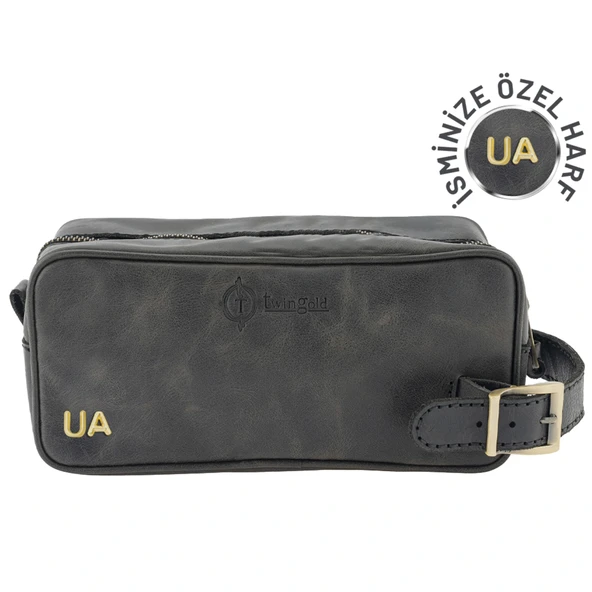 İsme Özel Dopp Kit Kişisel Bakım ve Seyahat Çantası - %100 Rainbow Deri - AC14004 - Antrasit ürün görseli 1