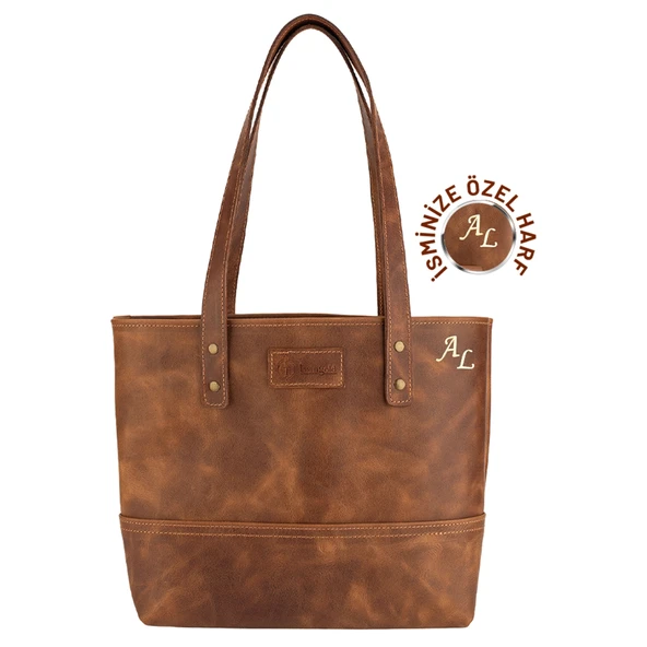 İsme Özel Tote Bag El Omuz Çantası - %100 Rainbow Deri - AC03003 - Kahverengi ürün görseli 1