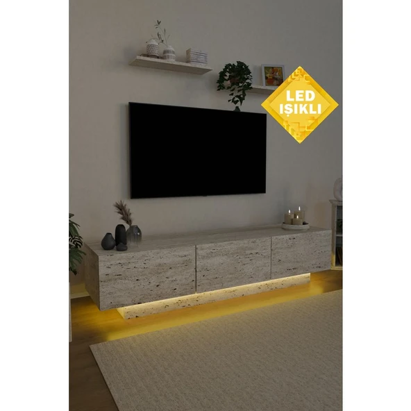 Estoria Home Terra LED Işıklı Traverten Mermer Tv Ünitesi Modern Uçan Tv Sehpası 3 Kapaklı Bohem Minimal Tasarım ürün görseli 1