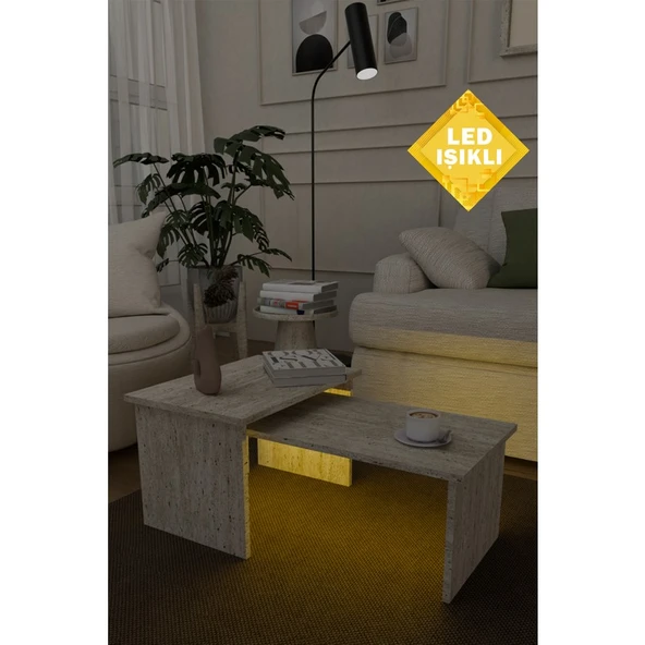 Estoria Home LED Işıklı Terra Traverten Mermer Desen Modern Yeni Nesil Kullanışlı Zigon Olabilen 2'li Orta Sehpa ürün görseli 1