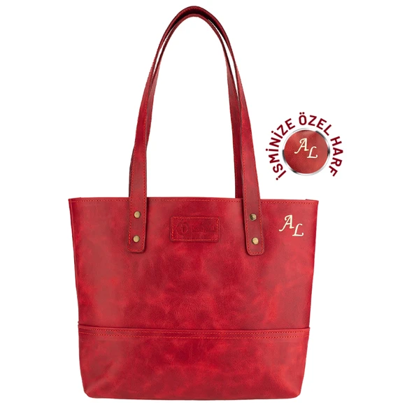 İsme Özel Tote Bag El Omuz Çantası - %100 Rainbow Deri - AC03003 - Kırmızı ürün görseli 1