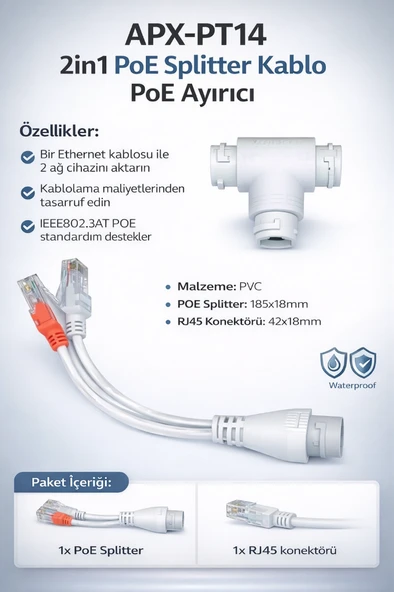 APX-PT14 2in1 Poe Splitter Kablo Poe Ayırıcı ürün görseli 1